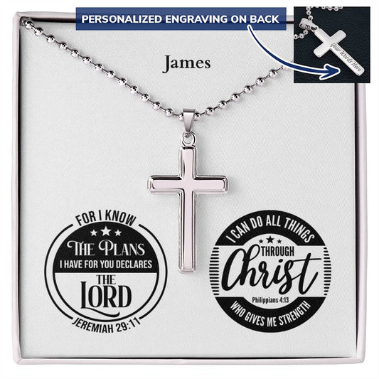 Encouragement - Jer 29:11/ Phil 4:13 - Mens Cross Necklace