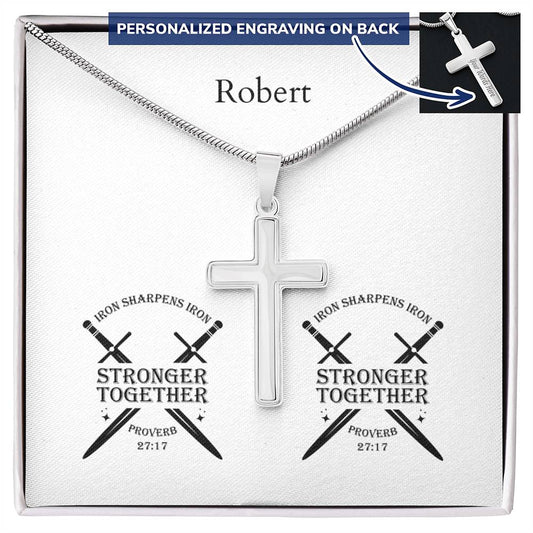 Personalizable - Iron Sharpens Iron - Prov 27:17 - Mens Cross Necklace