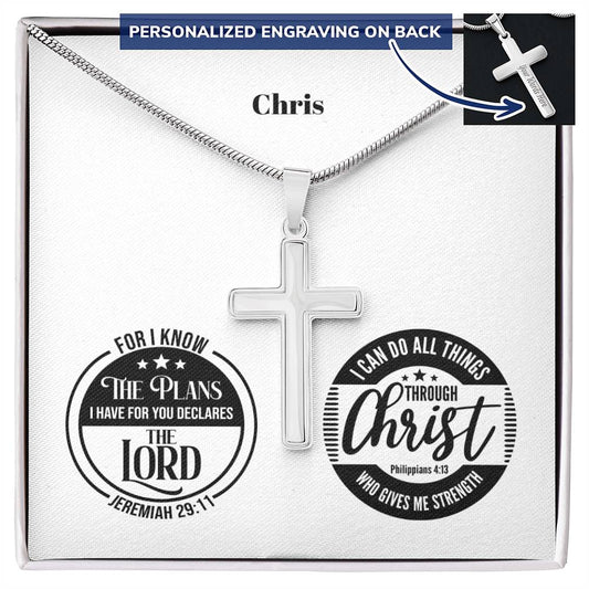 Men's Cross Necklace- Be Encouraged - Jer 29:11 / Phil 4:13