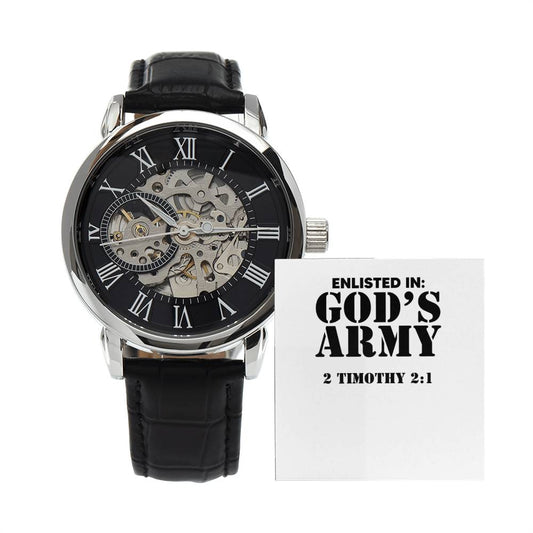 "Enlisted in God's Army" - 2 Timothy 2:1 - Men's Openwork Watch