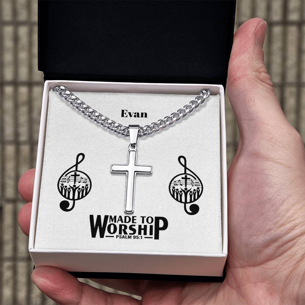 Personalizable - Made to Worship - Psalm 95:1 - Mens Cross Necklace