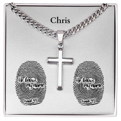 Personalizable - He Knows My Name - Isa 43:1 - Mens Cross Necklace