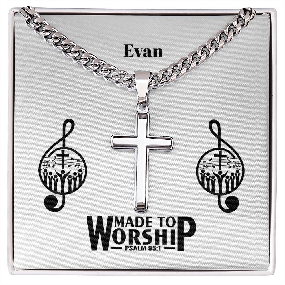 Personalizable - Made to Worship - Psalm 95:1 - Mens Cross Necklace