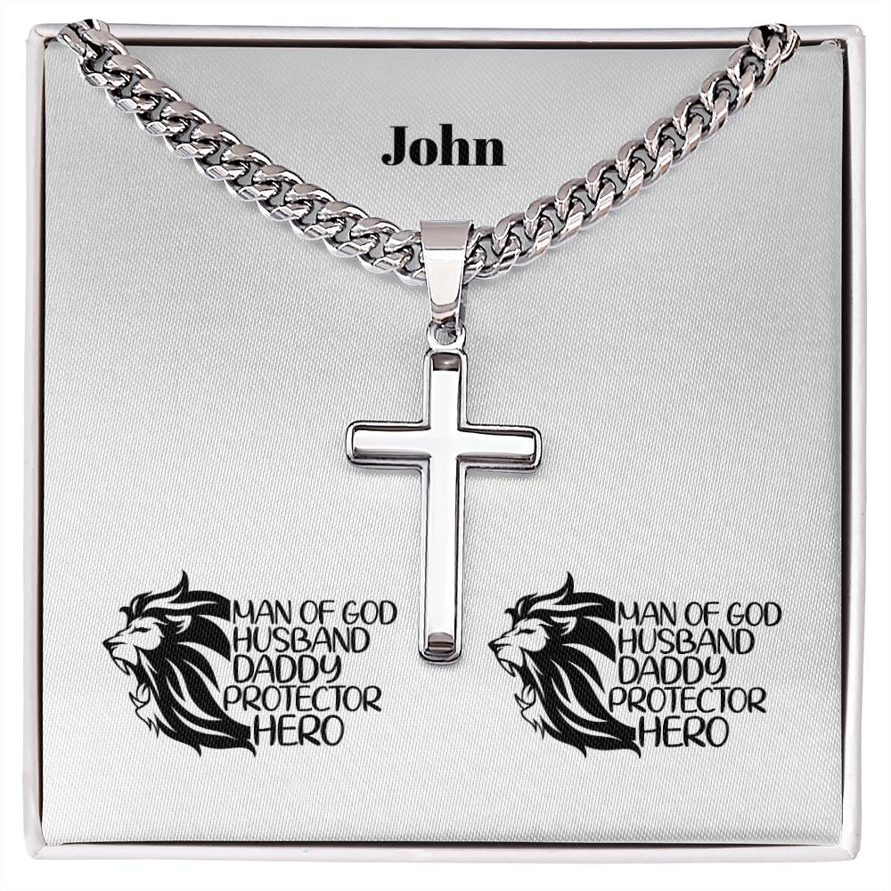 Personalizable - Man of God, Husband, Daddy, Protector, Hero - Mens Cross Necklace