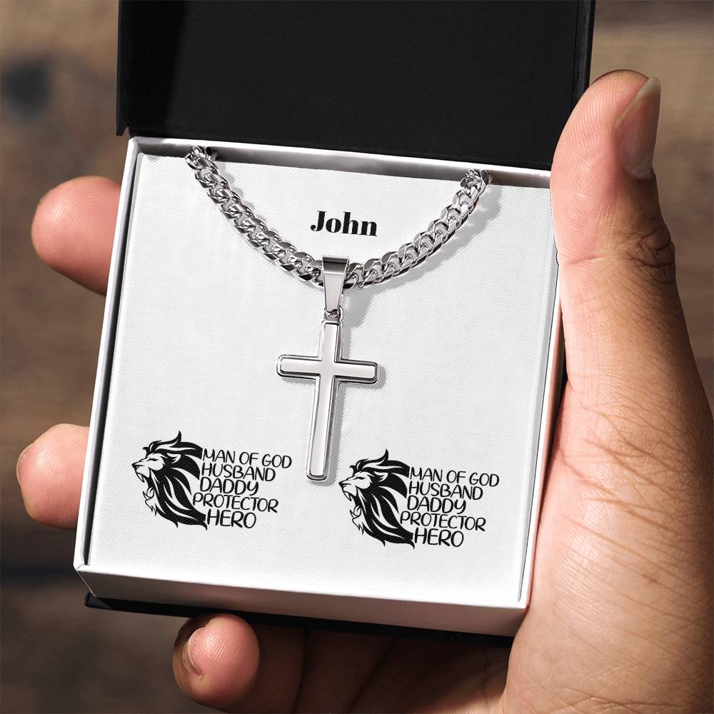 Personalizable - Man of God, Husband, Daddy, Protector, Hero - Mens Cross Necklace