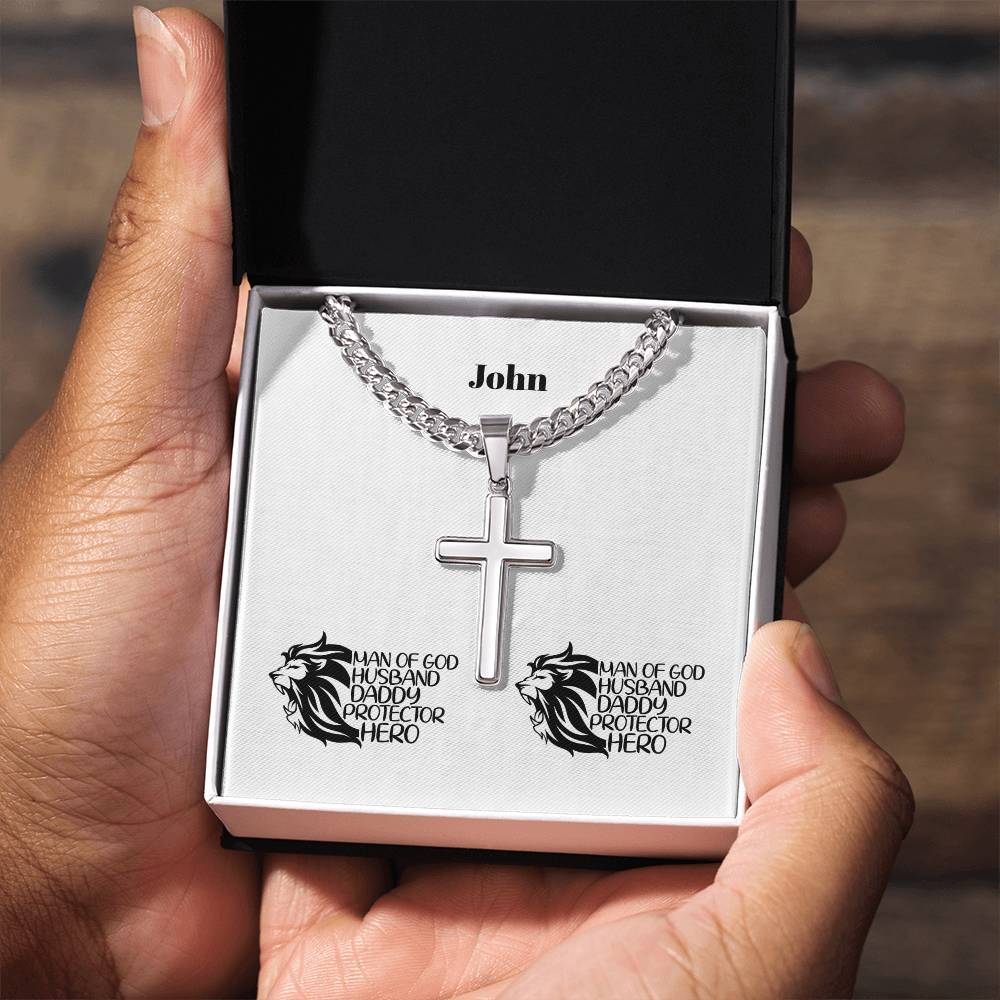 Personalizable - Man of God, Husband, Daddy, Protector, Hero - Mens Cross Necklace