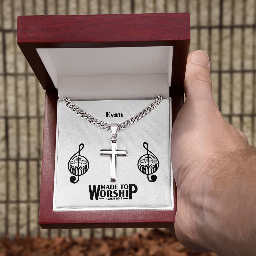 Personalizable - Made to Worship - Psalm 95:1 - Mens Cross Necklace