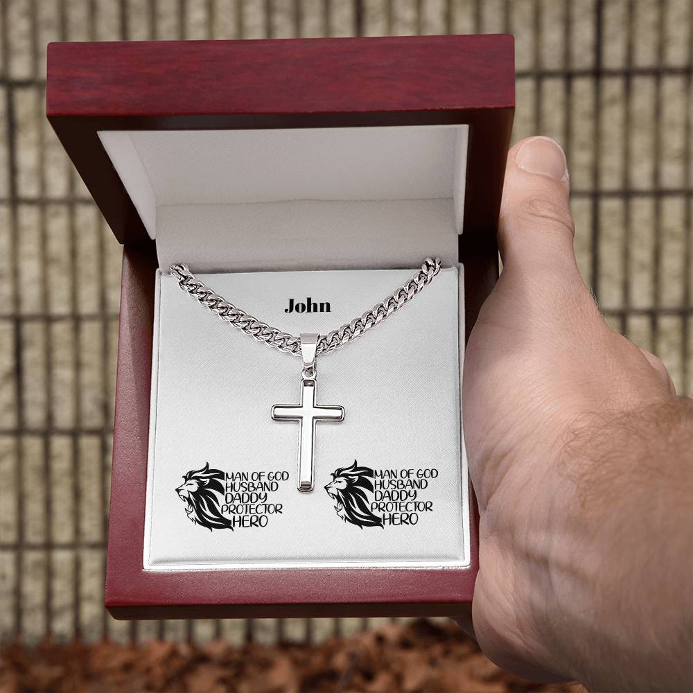 Personalizable - Man of God, Husband, Daddy, Protector, Hero - Mens Cross Necklace