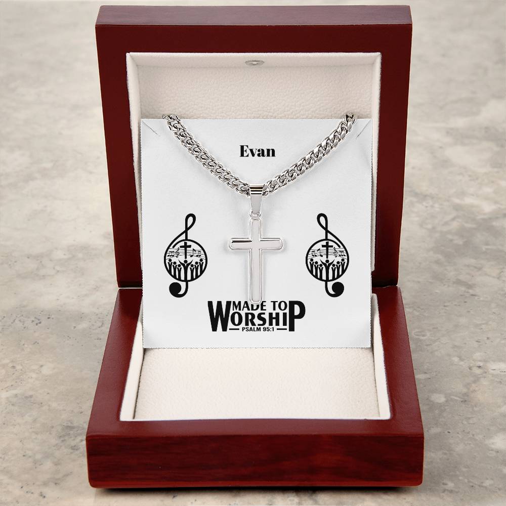 Personalizable - Made to Worship - Psalm 95:1 - Mens Cross Necklace