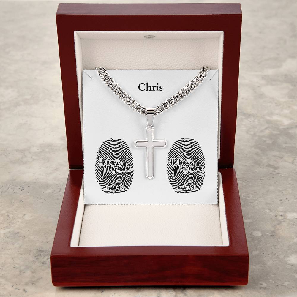 Personalizable - He Knows My Name - Isa 43:1 - Mens Cross Necklace