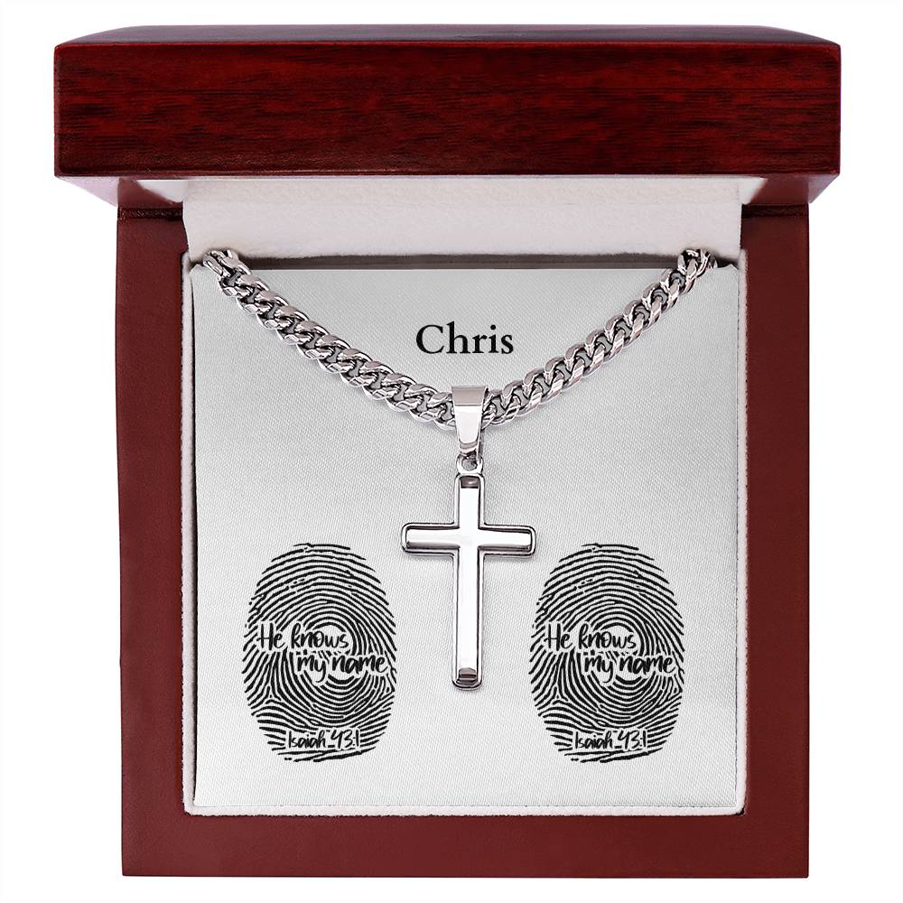 Personalizable - He Knows My Name - Isa 43:1 - Mens Cross Necklace