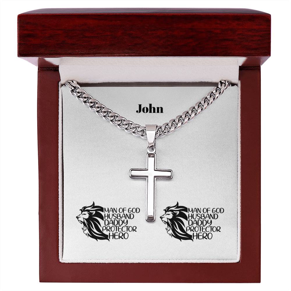 Personalizable - Man of God, Husband, Daddy, Protector, Hero - Mens Cross Necklace