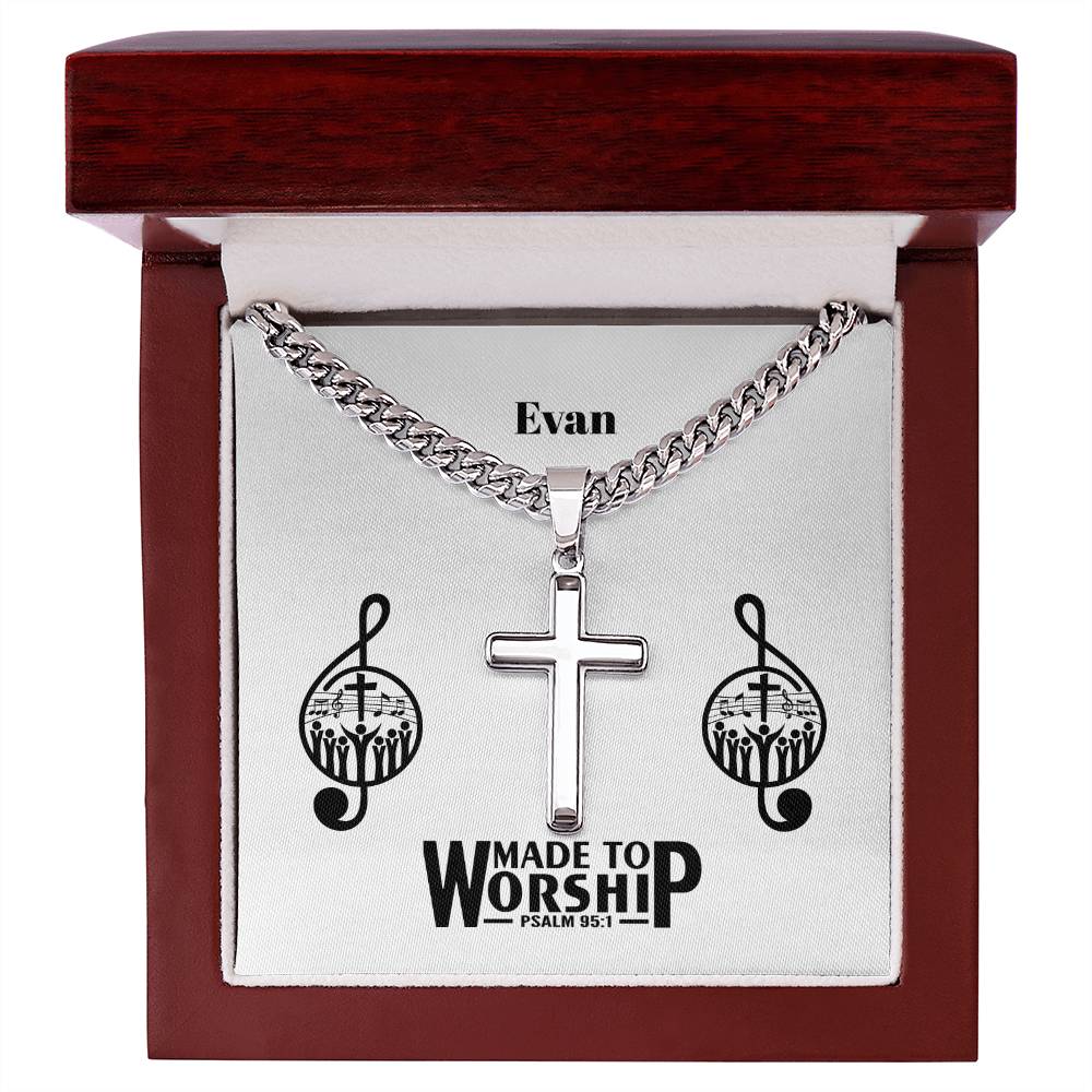 Personalizable - Made to Worship - Psalm 95:1 - Mens Cross Necklace