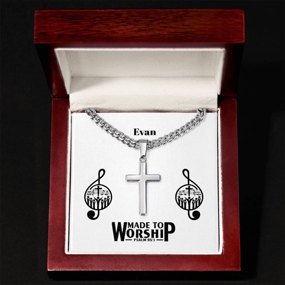 Personalizable - Made to Worship - Psalm 95:1 - Mens Cross Necklace