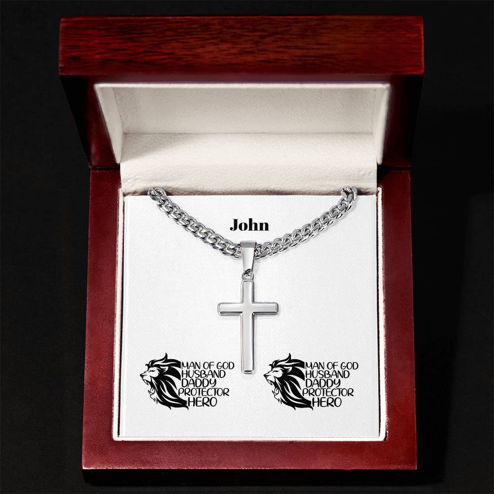 Personalizable - Man of God, Husband, Daddy, Protector, Hero - Mens Cross Necklace