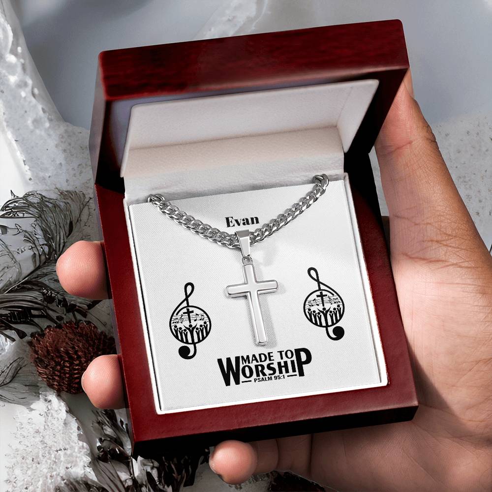 Personalizable - Made to Worship - Psalm 95:1 - Mens Cross Necklace